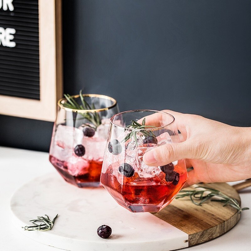 Taza de cristal con diamantes para el hogar, vaso de cristal pintado en oro con seis bordes