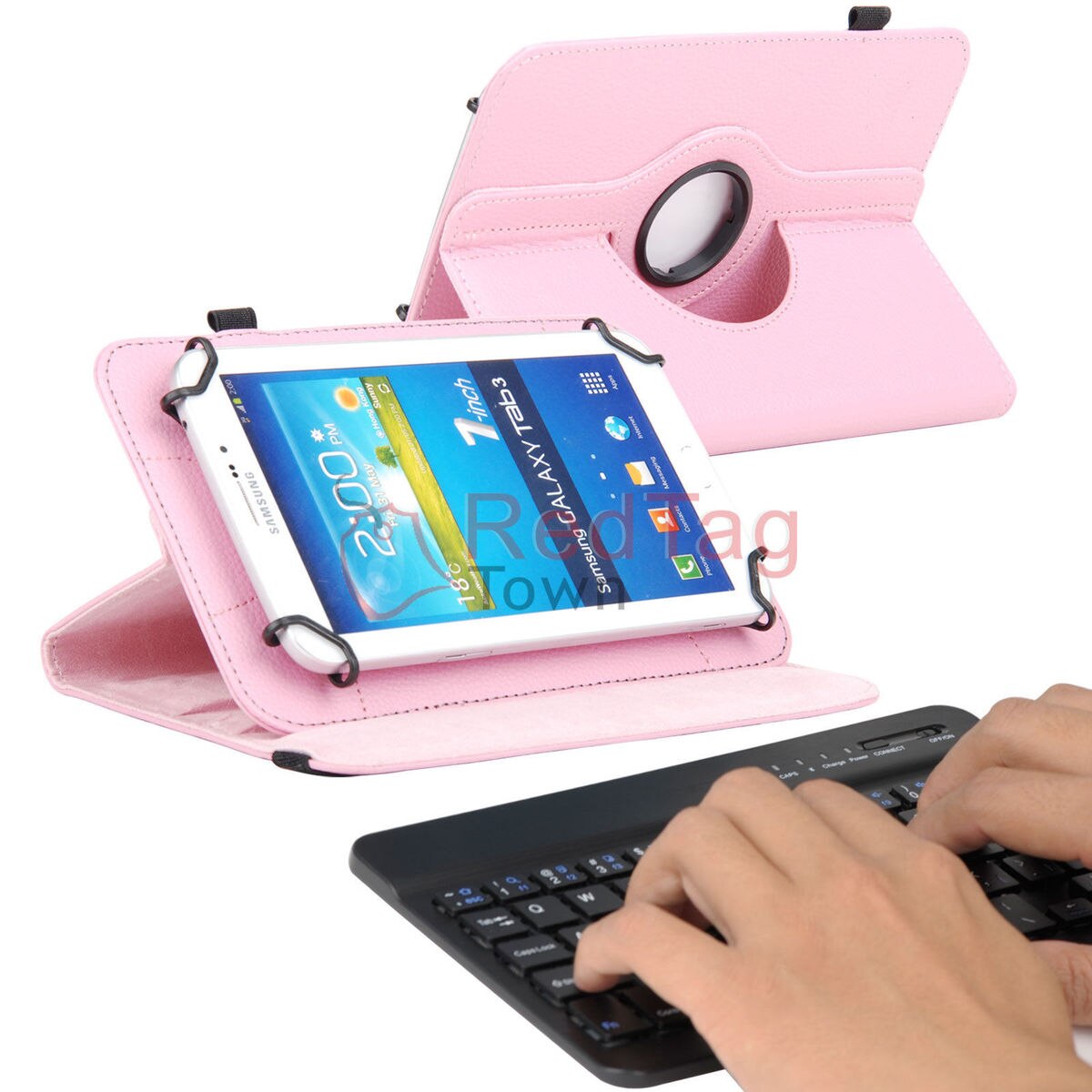 Rotating PU Leather Case with Bluetooth Keyboard for 7" RCA 7 Voyager II 2 / Pro Tablet Stands: light pink