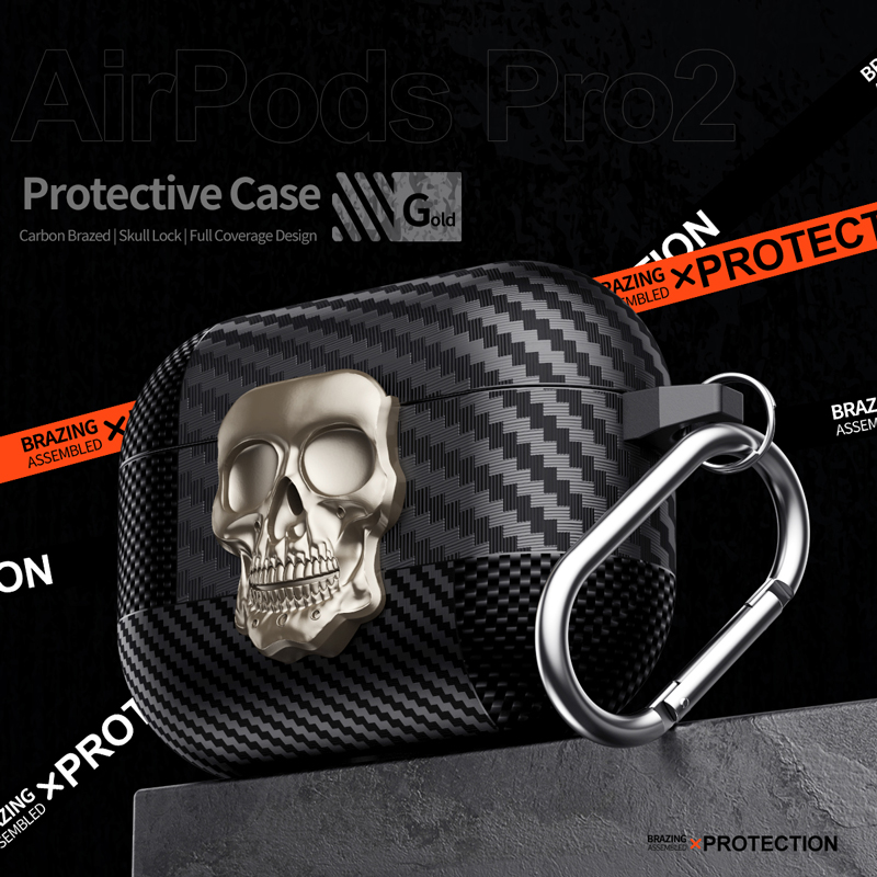 Pak Thug Skull Series Hoofdtelefoonhoes voor Airpods 4 Magnetische hoofdtelefoonhoes voor Airpods Pro 2 3 2 1 Koolstofvezelhoes met haak: 3XS / Goud