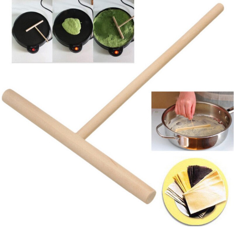 Wooden Rake Practial T Shape Crepe Maker Pancake Batter Wooden Spreader Stick Home Kitchen Tool Kit DIY Use