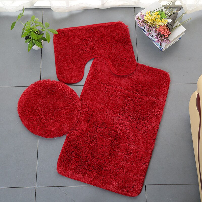 Toilet Seat Cover 3pc Bathroom Set Rug Contour Mat Toilet Lid Cover Plain Solid Color Bathmat Bathroom Supplies: Red