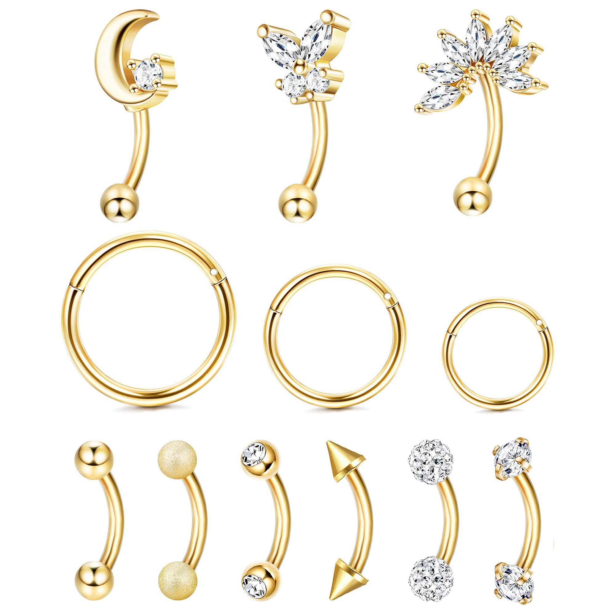 Drperfect 1pc 16G Eyebrow Rings Stainless Steel Belly Lip Cartilage Hoop Rook Daith Earrings Tragus CZ Piercing Curved Barbell