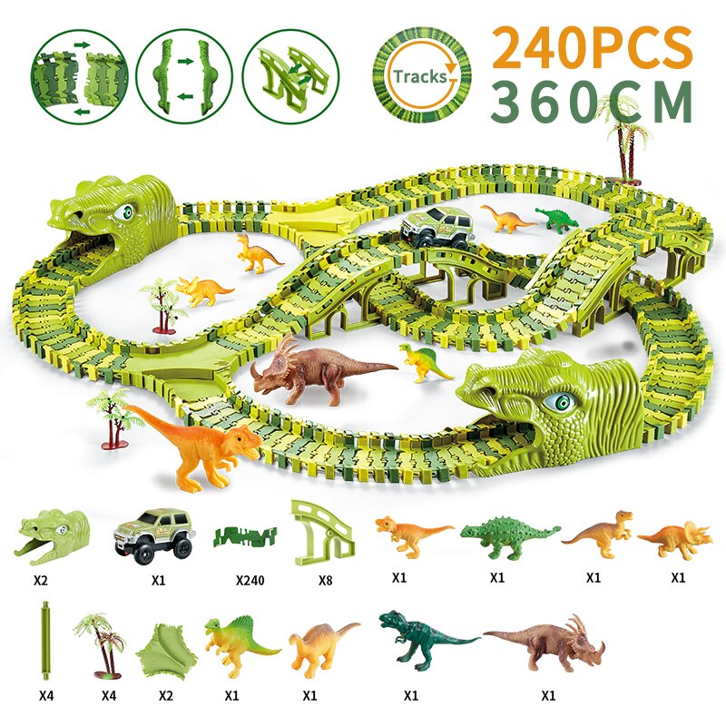 Dinosaurus Spoorweg Speelgoed Auto Spoor Racing Spoor Speelgoed Set Educatief Bocht Flexibele Race Track Flash Light Auto Speelgoed Voor Kinderen jongens: 240 PCS