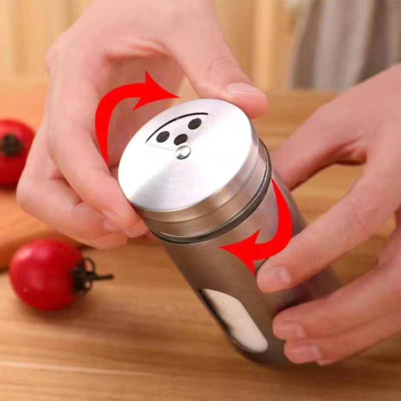 Tarro de condimentos multiusos, salero y azúcar de acero inoxidable con cubierta giratoria, contenedor de botella de especias y condimentos, utensilio de cocina