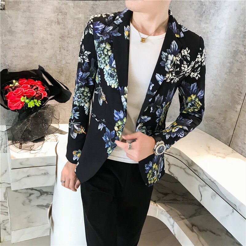 High-end personlighet blommig kostym jacka män, trend nattklubb frisör slim printed kostym, natt scen kostymer: Xf85 svarta / Xl