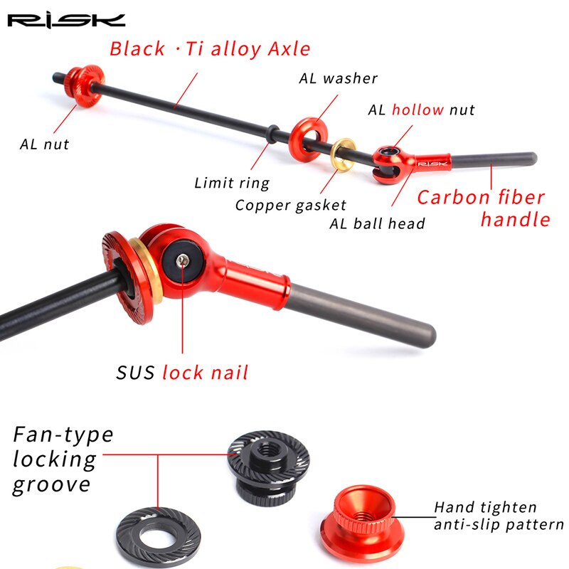 RISK Titanium Carbon Fiber Handle Skewers Only 40g Bicycle QR Skewer Lever 100/135mm For MTB Road Bike Wheel Hub Quick Skewers