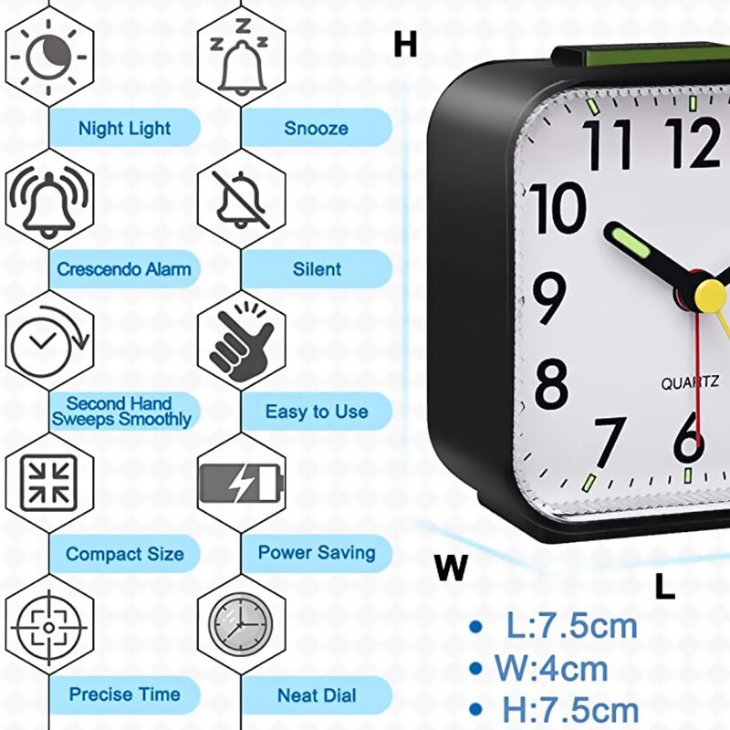 Silent Alarm Clocks Bedside Non Ticking Battery Powered Table Clocks Luminous Large Display Snooze Light Function