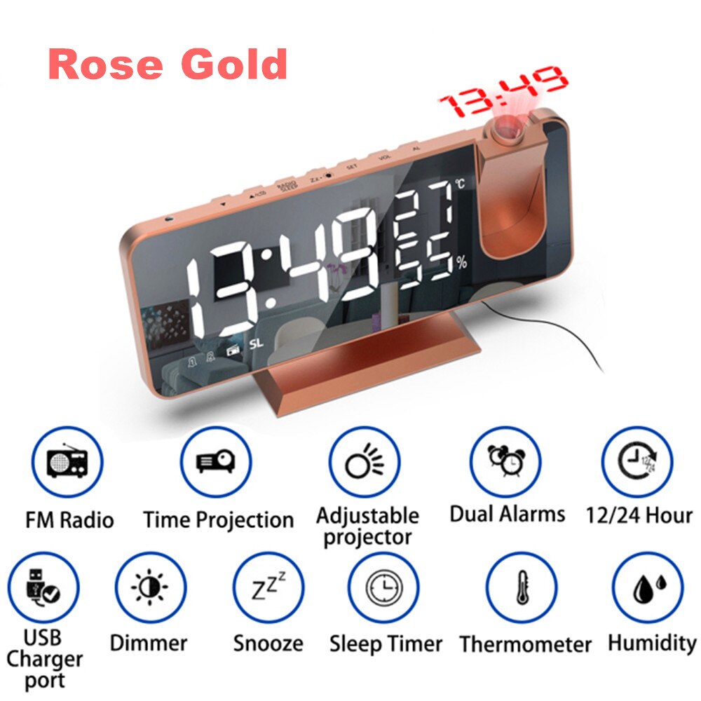 Led Spiegel Screen Projectie Wekker Weerbericht Radio Thermo-Hygrometer Digitale Klok Moderne Kantoor Slaapkamer Desktop Decoratie: A-Rose Gold