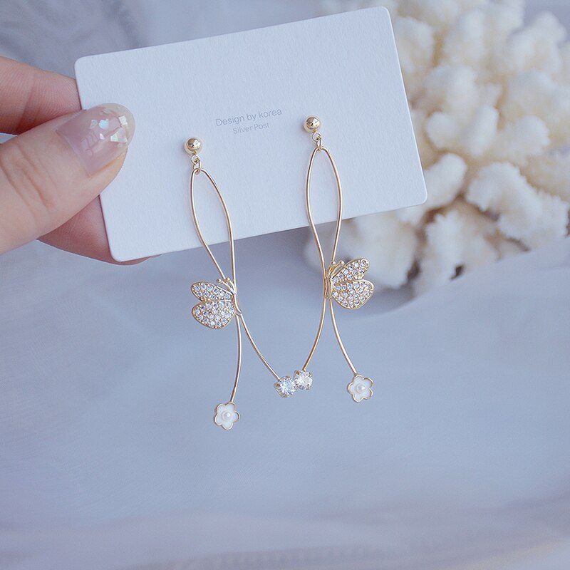 Ins Long Style Butterfly Earrings Flower Inlaid Zircon Stainless Ringen Feminia Jewelry Pendant Accessories