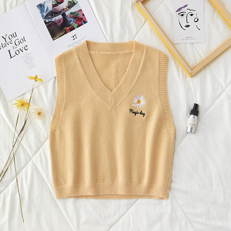 Jesienno-zimowa sweter kamizelka damska dekolt w serek dziergane litery z kwiatowym nadrukiem kamizelka damska bez rękawów luźne damskie kamizelki dzianinowe swetry: żółty