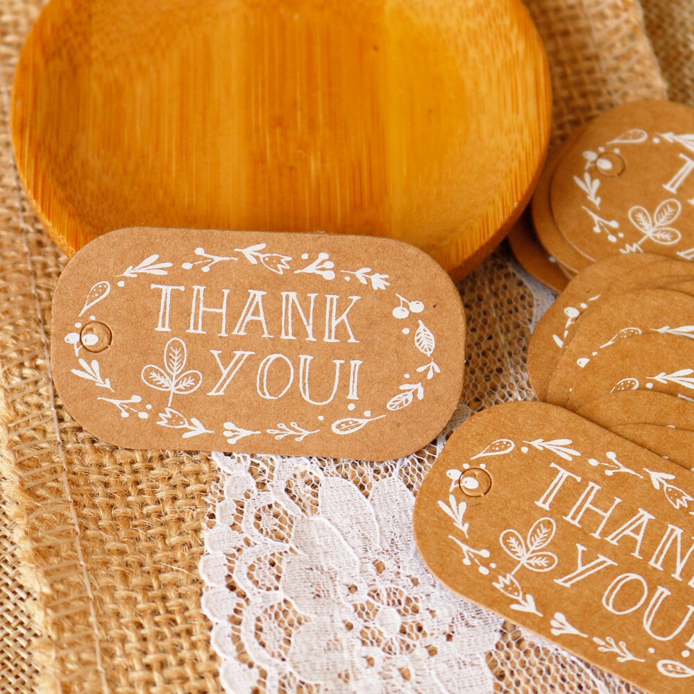 50 piezas gracias etiquetas de papel Kraft decoración etiqueta boda tarjetas de papel Garland etiqueta hecho a mano caja de Decoración colgar etiquetas