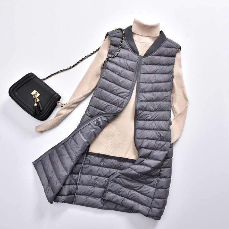Schinteon Femmes Ultra Léger Vers Le Bas Gilet décontracté Baseball Longue Mince Gilet Automne Hiver Fond Gilet nouveauté: Grey / L