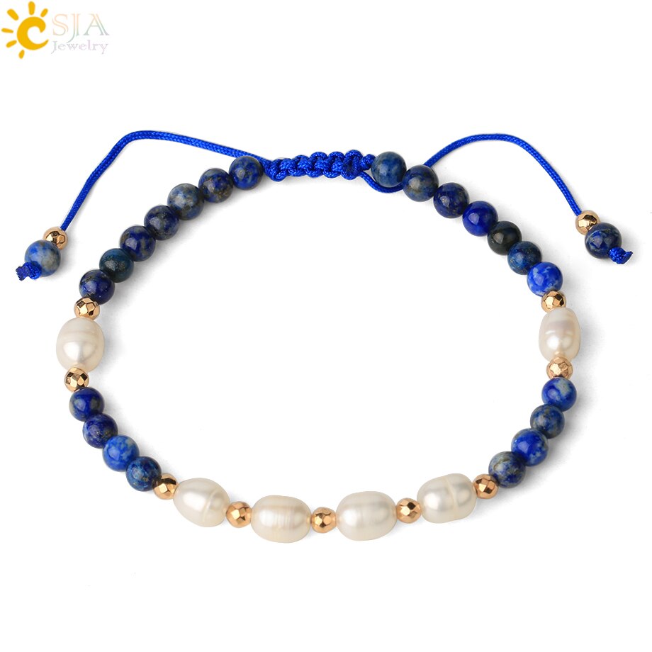 Csja Strand Armband 4 Mm Natuursteen Witte Parel Kristal Kralen Verstelbare Gevlochten Armbanden Voor Vrouwen Mannen Healing Sieraden G482: Lapis