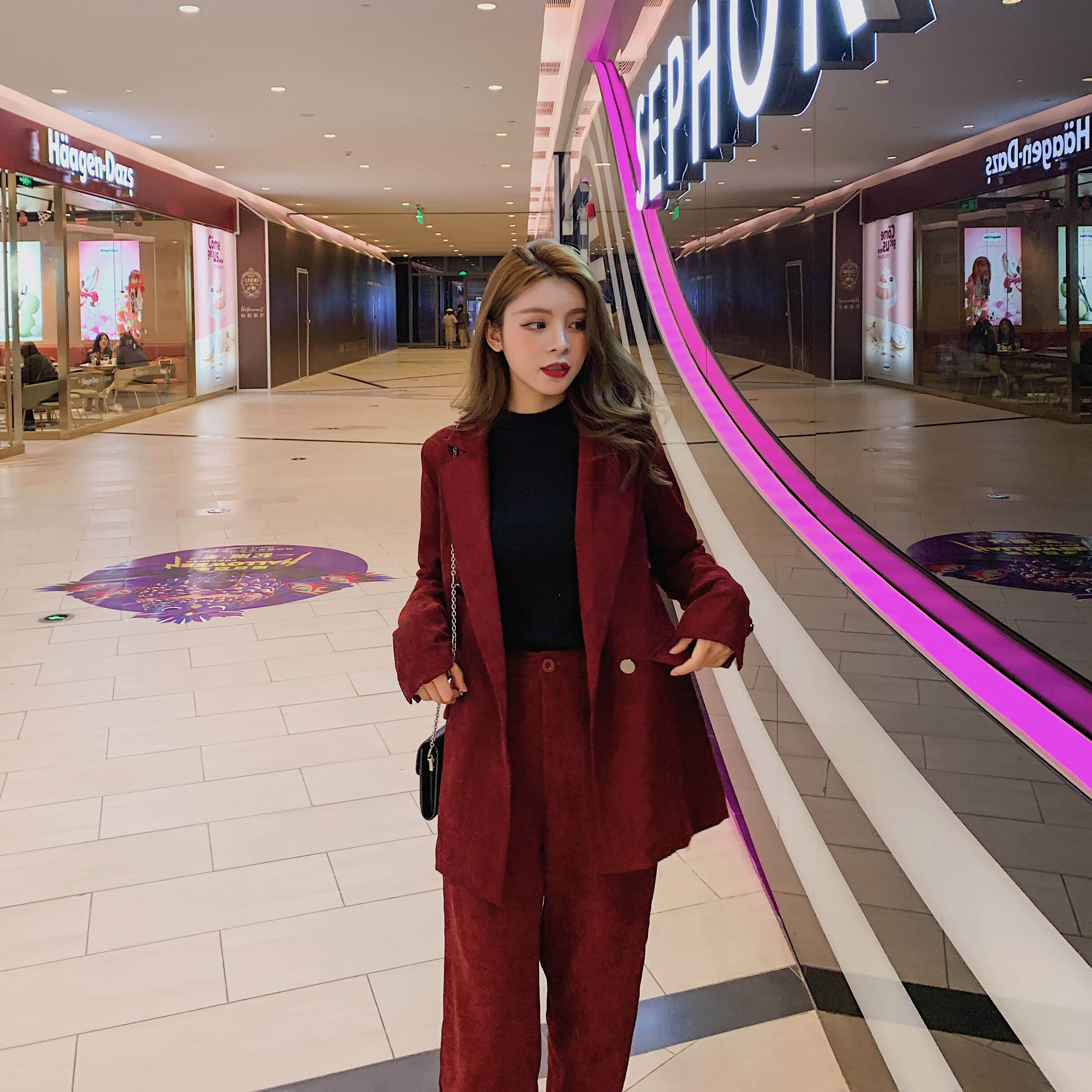 hiver femmes Chic Blazer costumes velours côtelé deux pièces ensemble Vintage cranté double boutonnage manteau et pantalon Long S9N702K: S
