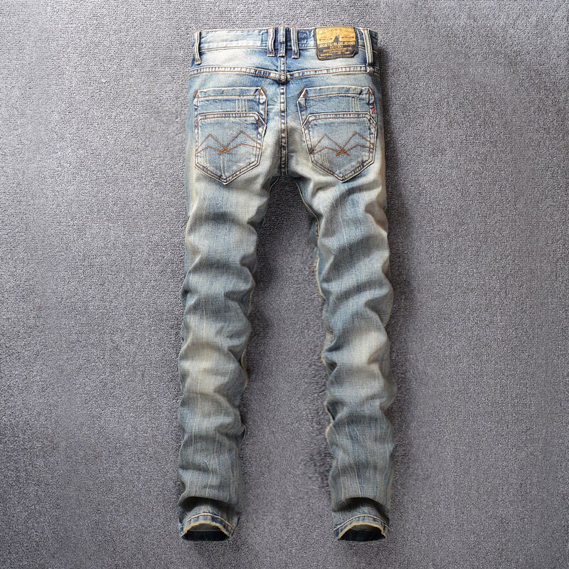 Jean classique vintage pour homme, coupe slim délavée rétro, petit pantalon en denim élastique, 98%  jeans en coton, jeans basiques à boutons
