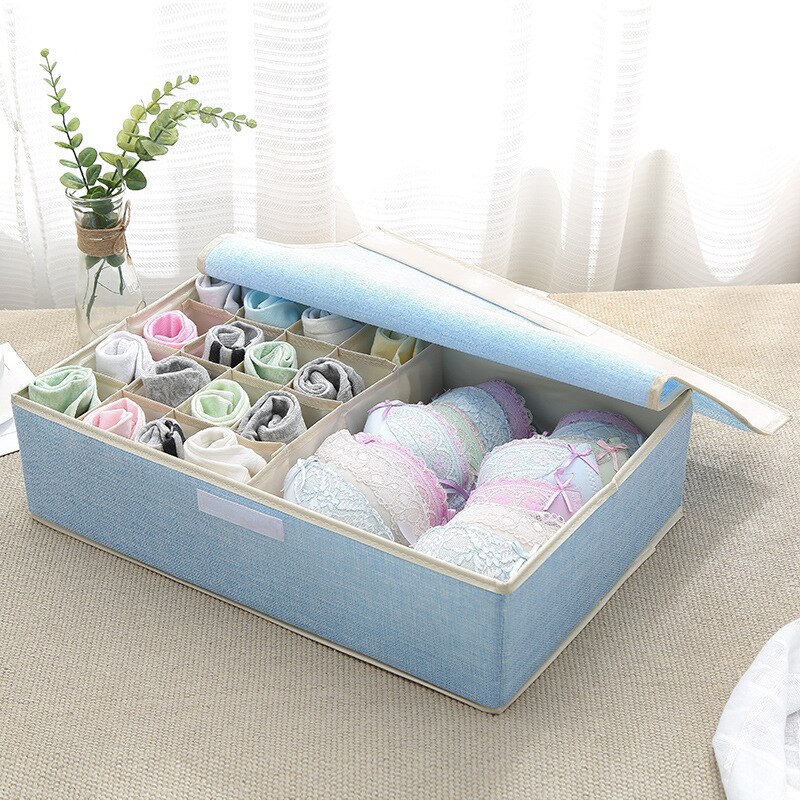 Cajón de almacenamiento de sujetador, organizador de armario, cajas plegables de algodón lavable, caja de acabado de lino portátil con cubierta, ropa interior y calcetines: Blue 17 grid