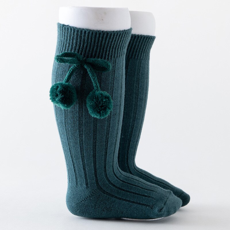 6 Colors Unisex Children Cherry Poms Ball Knee High Socks Baby Toddler Tube Socks For Kids Girls Boys Cherry Knitted Sock 2-6Y: green / M(1-2T)