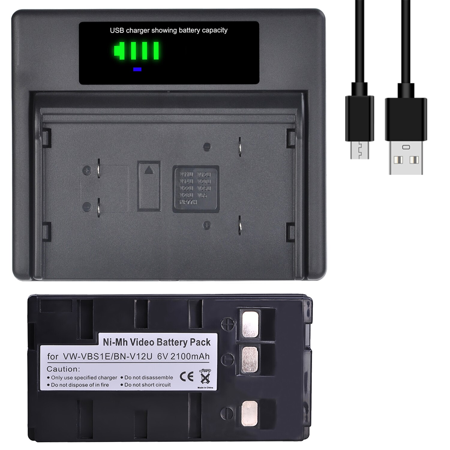 BN-V12U VW-VBS1E Ni-Mh Video Battery + Charger with Type-c and USB Port for JVC BN-V10U, BN-V11U, BN-V12U, BN-V14U, BN V15 V18U