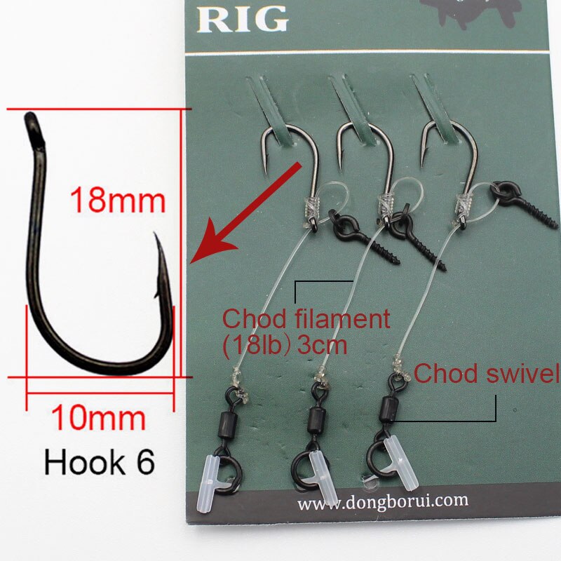 1 pakke karper fiskeriudstyr med filament 18lb fiskesnøre / boilies skrue lille rig / fiskekrog 6/8/10 pop up chod rigs: 3cm- krog 6