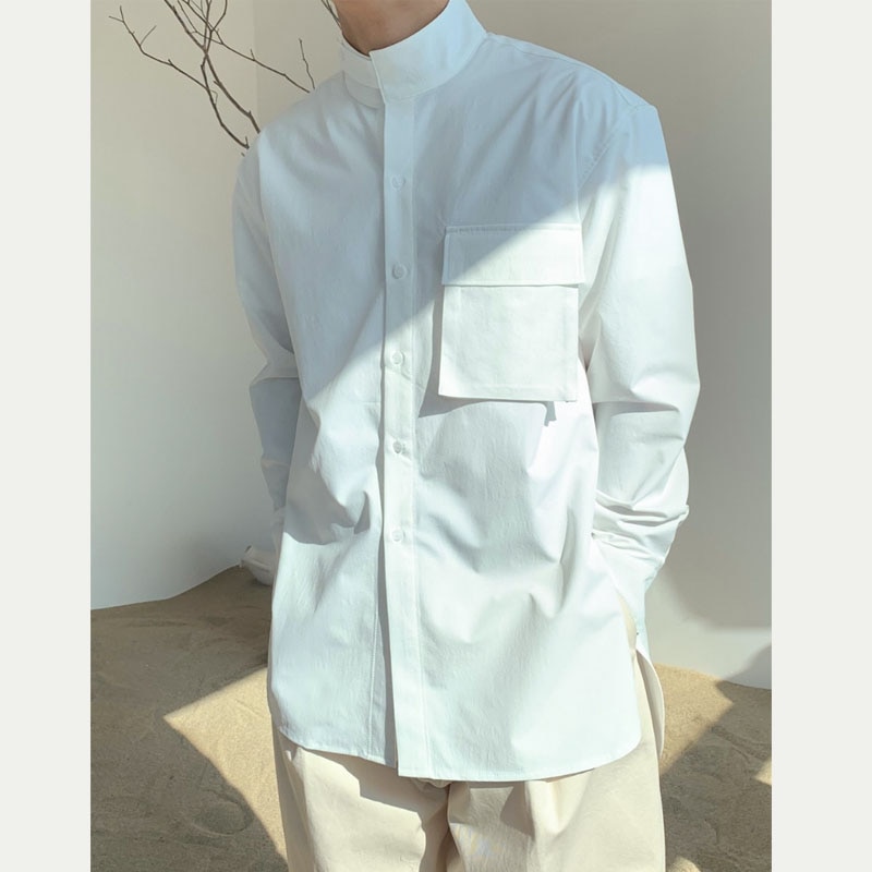 Mandlig vintage skjorte med krave til mænd japan korea streetwear afslappet løse langærmede skjorter