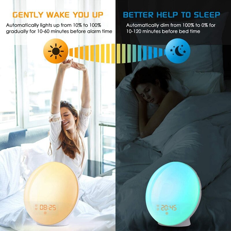 Alarm Clock Wake Up Light Light Alarm Clock with Sunrise/Sunset Simulation Dual Alarms, 7 Colors Atmosphere Lamp EU Plug