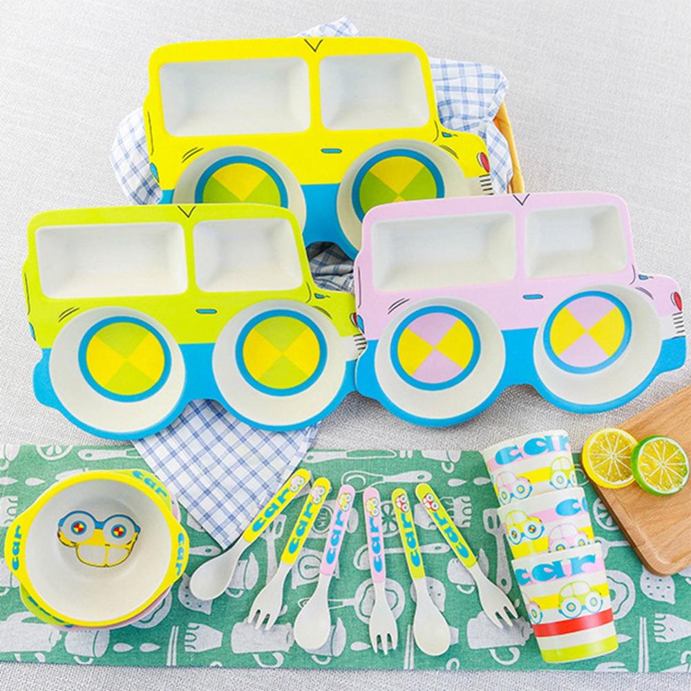 Children's Plate Cute Car Cartoon Household Dishes Bowls Baby Feeding Plate Toddlers Eating Tray Fork Spoon Set