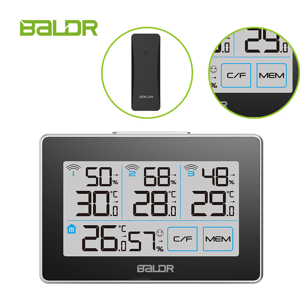Baldr Touch Indoor Outdoor Weather Station + 3 Forecast Sensor Thermometer Hygrometer Meter Calendar 3CH Backlight