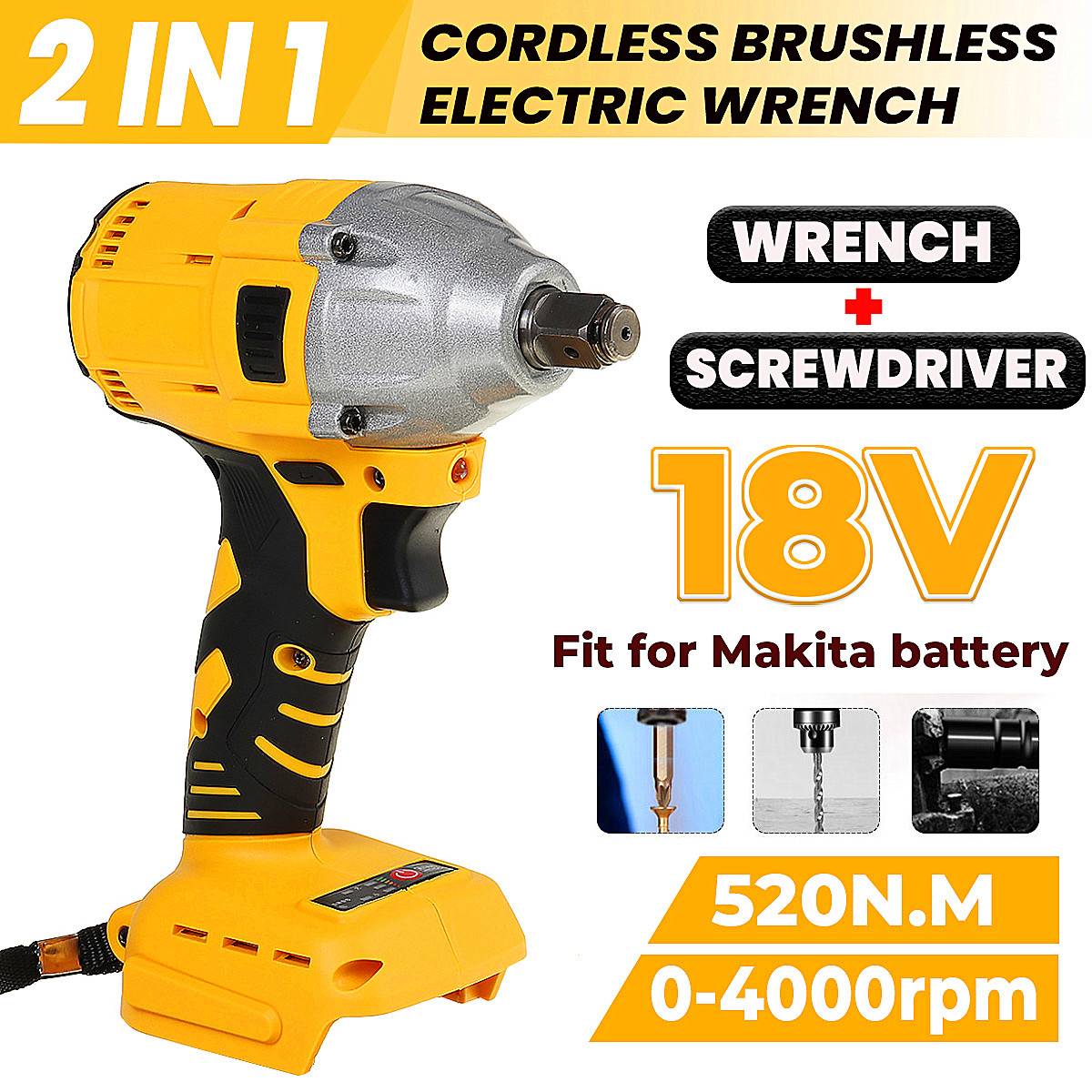 Drillpro 18V 520Nm Brushless Impact Wrench Cordless Rechargeable 1/2'' Socket Electric Wrench Screwdriver for Makita 18V Battery