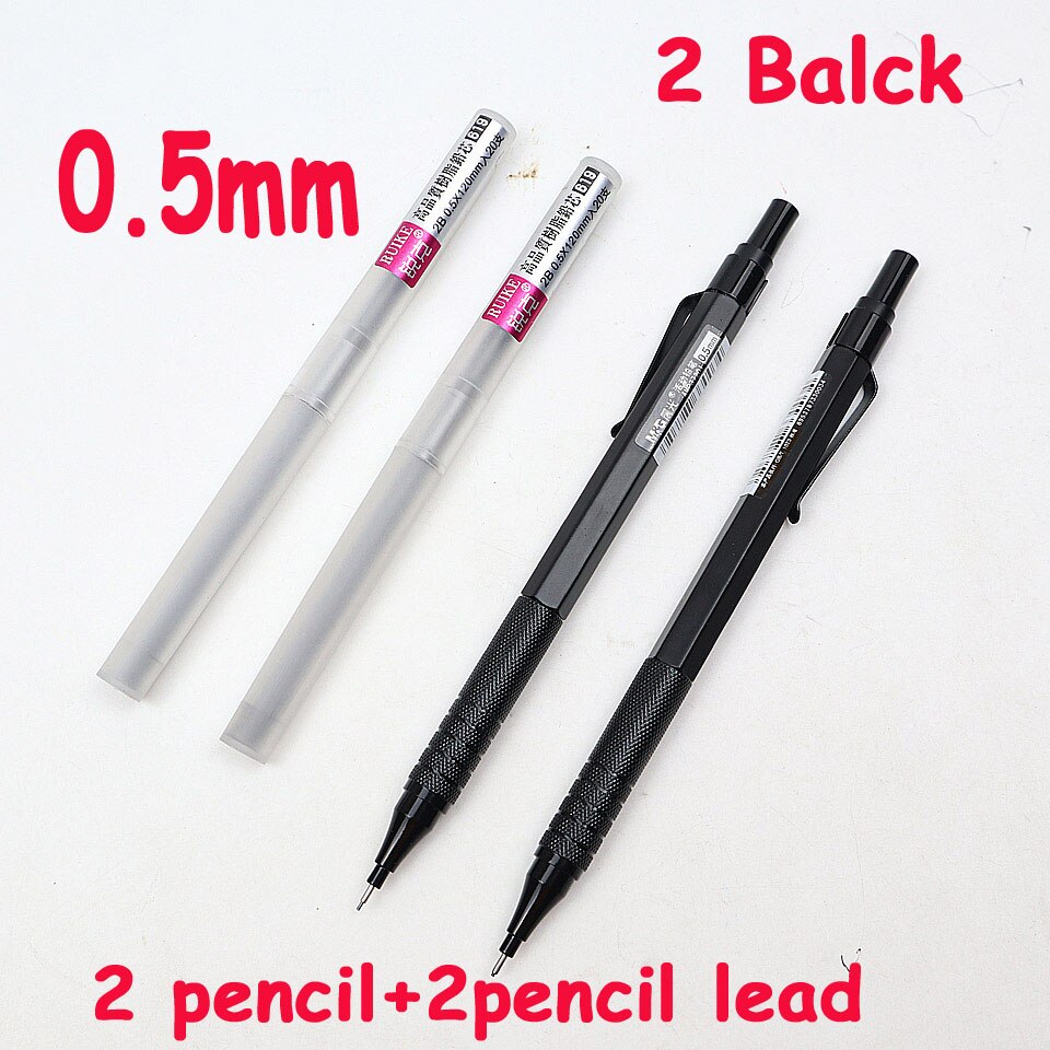 Mechanical Pencil 0.5mm 2B Full Metal Silver Automatic Pencils for Painting Writing Supplies Pencils: 2pcs-Black- 0.5