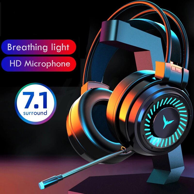 Gaming Headsets Gamer Headphones Surround Sound Stereo Wired Earphones USB Microphone Colourful Light PC Laptop Game Headset