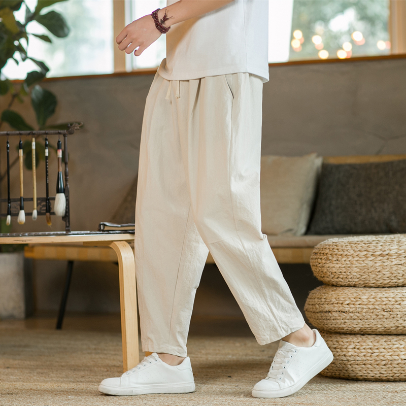 Miesten housut, puuvillaiset pellavahousut, yksivärinen, hengittävät, väljät shortsit, suorat kiristysnyörilliset housut, streetwear-housut