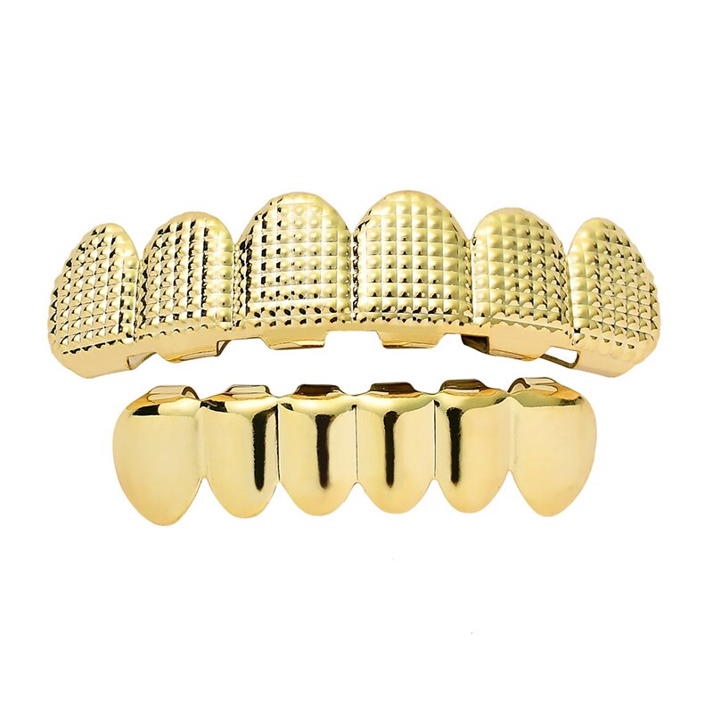 Hip Hop Mannen 6 Top & Bottom Tanden Goud Zilver Kleur Valse Tanden Grillz Set Bump Rooster Dental Grills voor Vrouwen Lichaam Sieraden: gold suit