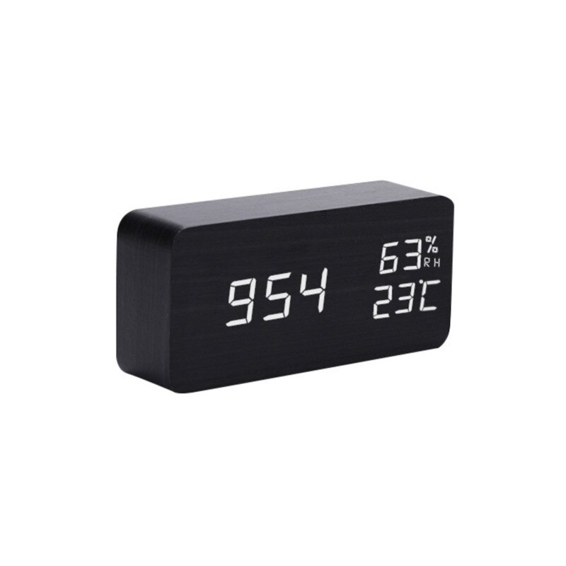 Alarm Clock LED Wooden Watch Table Voice Control USB/AAA Powered Digital Desktop Clocks Home Decor: Black C