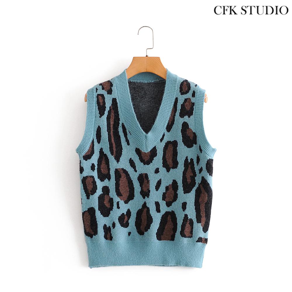 Za Women Sweater Vest Za Sleeveless Leopard print Casual Loose Blue Knitted Vest Top