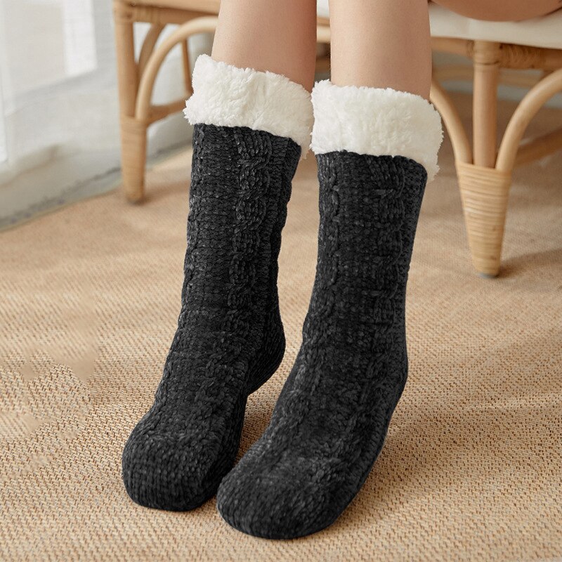 Dames Leuke Casual Dikke Warme Winter Antislip Vloer Sokken Vrouwen Gebreide Acryl Fleece Antislip Thermische Indoor Slaapkamer Crew sok: Style 2 black