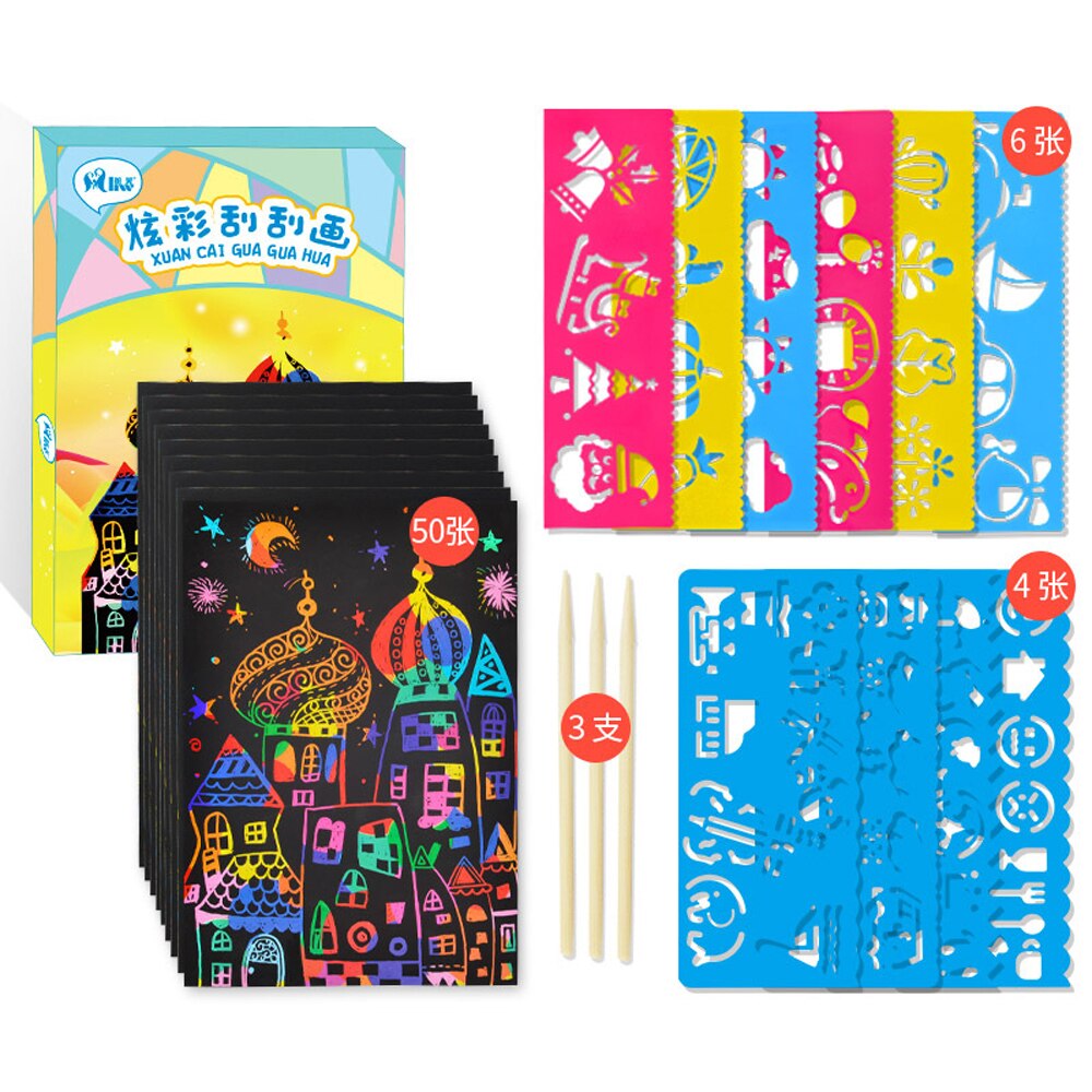 Børn diy tegning legetøj tegneserielim tempera maleri til børnehave kunst håndværk baby legetøj barn fødselsdag legetøj til børn: 50 stk ccratch papir