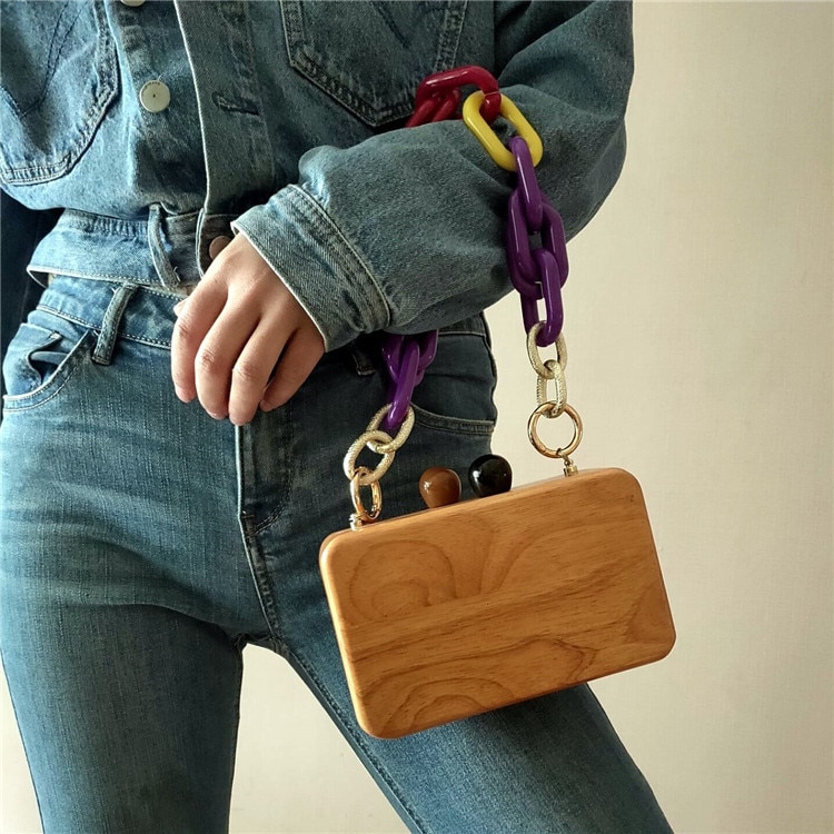 lente en zomer hout serie kraal vierkante doos schoudertas diagonaal hout avond clutch handtas