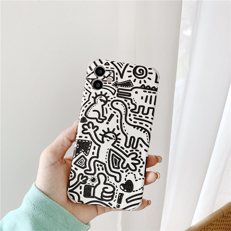 Retro dinosaurus wanddecoratie doodle japanse telefoonhoesje voor apple iphone 12, 11 pro max xr, xs max 7, 8 plus, 7 plus hoesje schattige zachte hoes