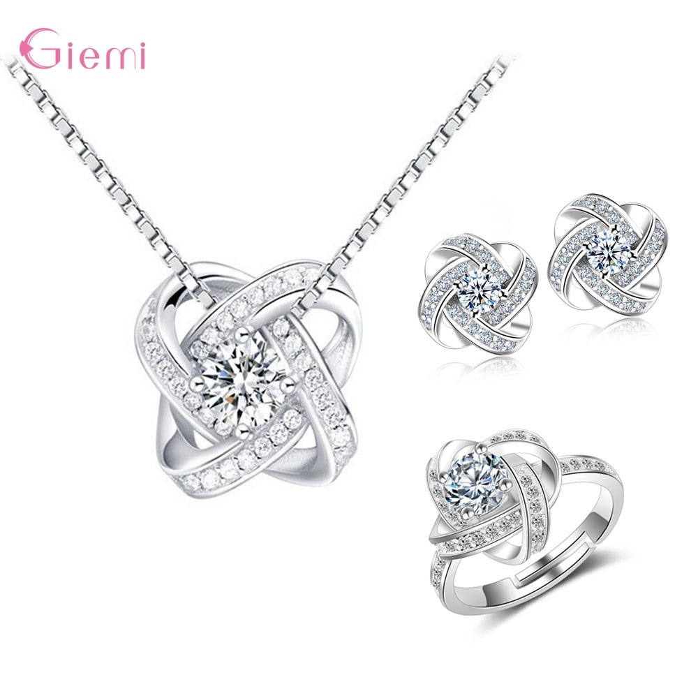 Top Vrouw Mode 925 Sterling Zilveren Volledige Sieraden Sets Ketting + Earring + Ring Verjaardagsfeestje Sieraden