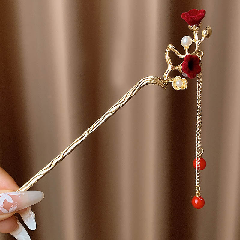 Röd ros tofs hårspinnar kvinnor antik pärla hårnål kvinnlig hårgaffel panna hår ätpinnar huvudbonad alla hjärtans dag: Röd