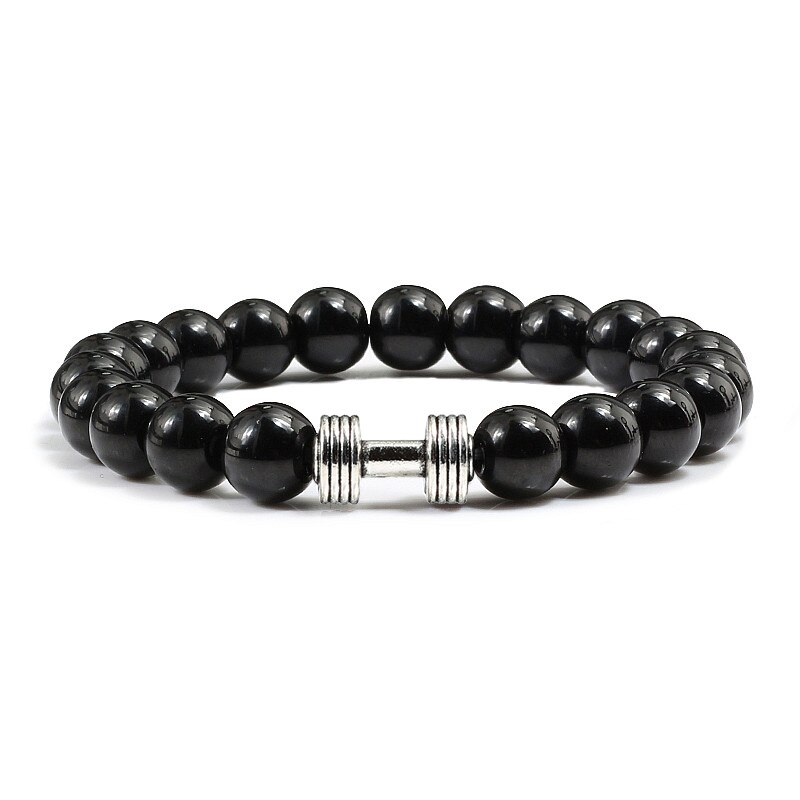 Kausalen Männer Armband Schwarz Natürliche Stein Lava Perlen Legierung Fitness gym Hantel Armbänder Armreifen Charme Frauen Männlichen Outdoor Schmuck: Bright Black Sliver