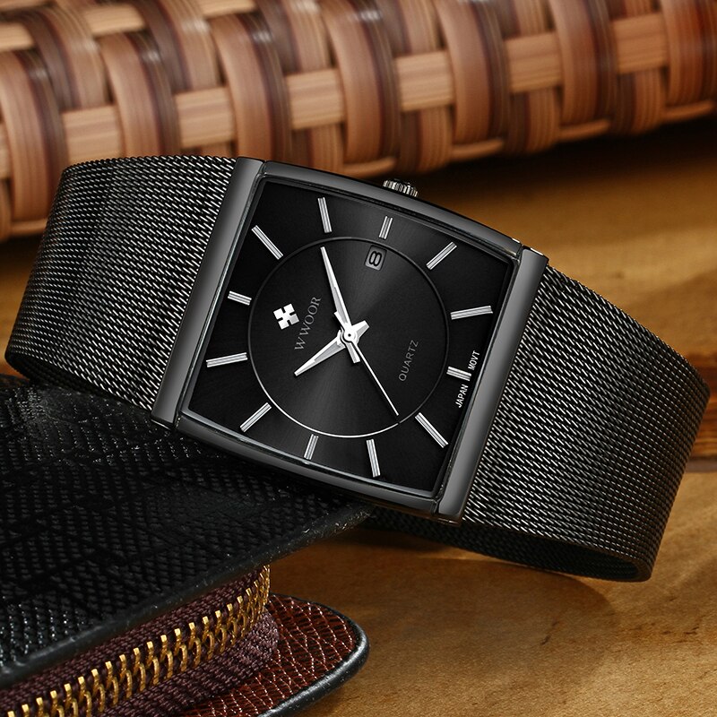 Wwoor top mærke luksus sorte firkantede ure til mænd vandtæt slank dato armbåndsur mandlig stål mesh bælte kvarts analog ur mænd