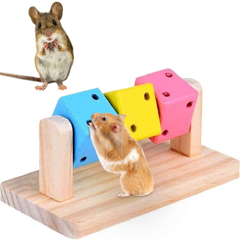 Juguetes para masticar para mascotas pequeñas, plataforma de madera con bloques de madera de colores para Conejo, hámster, Gerbil, Degu, jaula de conejo, accesorios