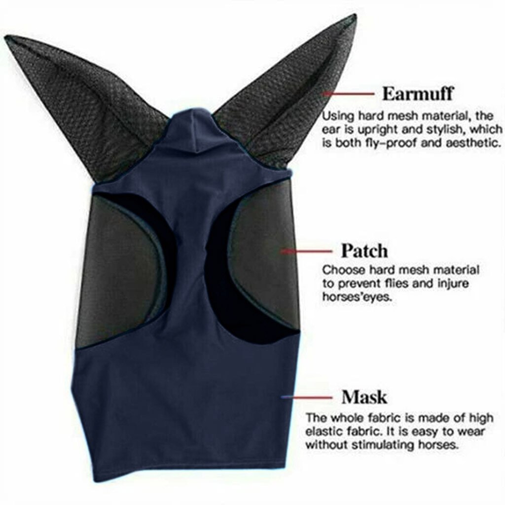 Anti-fly mesh heste maske hest maske stretch bug øje hest flue maske med dækkede ører hest flue maske lang næse med ører