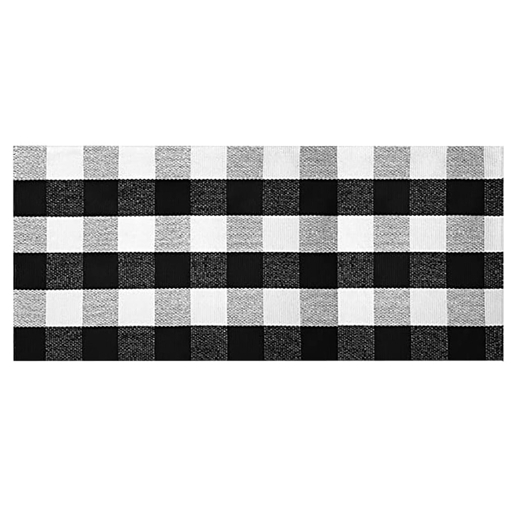 Hand-Woven Cotton Plaid Area Rug Anti Slip Doormat Floor Mat Layered Carpet for Laundry Kitchen: 700x450mm / Black White