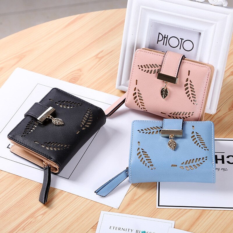 Women Wallet PU Leather Purse Female Long Wallet Gold Hollow Leaves Pouch Handbag For Women Coin Purse Card Holders Clutch