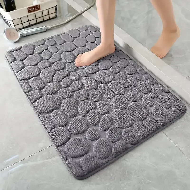 3D Non Slip Bathroom Mat Cobblestone Embossed Bath Mats Absorbent Doormat Carpet Door Floor Mats Machine Washable Quick Drying: Blue