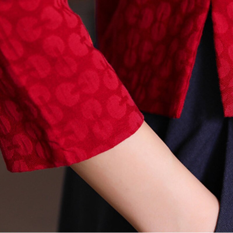 Chinese Style Long Sleeve Cotton Blouse Navy Blue Chinese Shirts Retro Qiapo Tops Female Classic Chinese Clothes