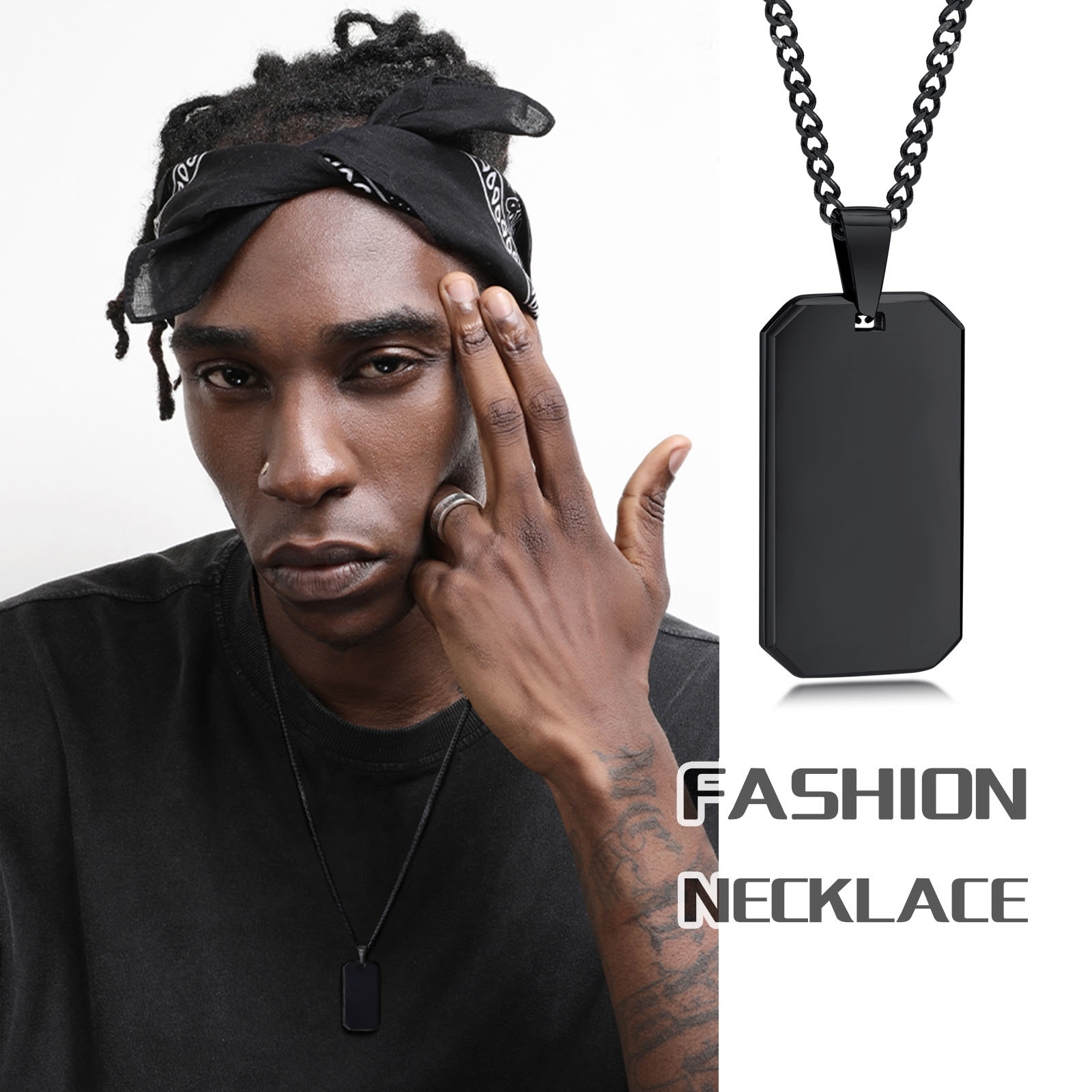 Vnox Dogtag-kettingen voor heren, geometrische rechthoekige hanger met Cubaanse ketting, zwart zilverkleurige roestvrijstalen casual halskraag