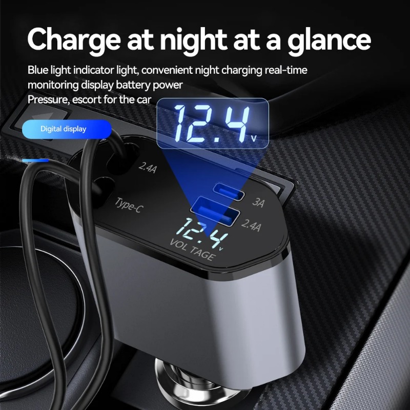 Intrekbare Autolader, 4 In 1 Snelladende Autolader 120W, Intrekbare Kabel En 2 Usb-Poorten Autolader Adapter Compatibel